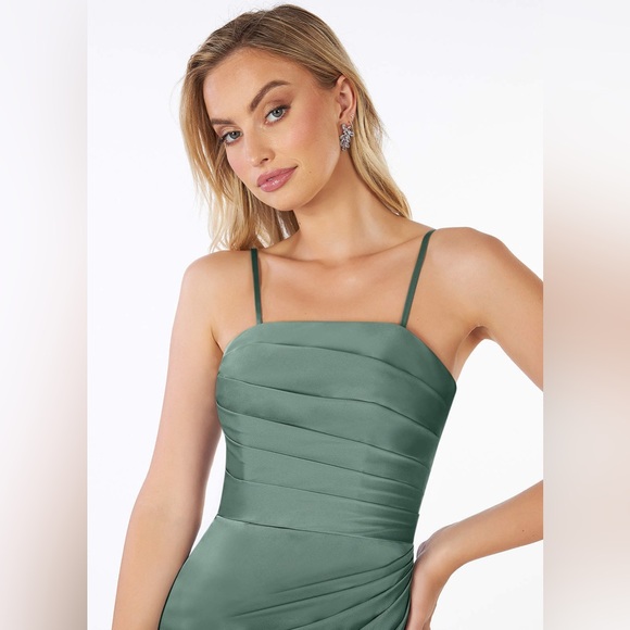 NWT Azazie Lexie Eucalyptus Green Fitted Strapless Stretch Satin Dress - Picture 7 of 16